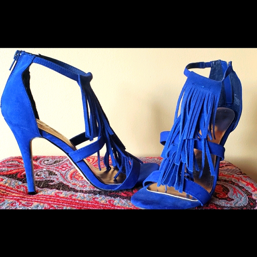 Blue suede fringe sandals